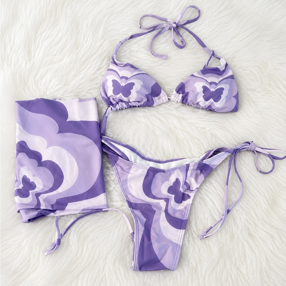 New SHEIN 3 Piece Butterfly Print Bikini Set Women’s Size Small Purple Swimsuit